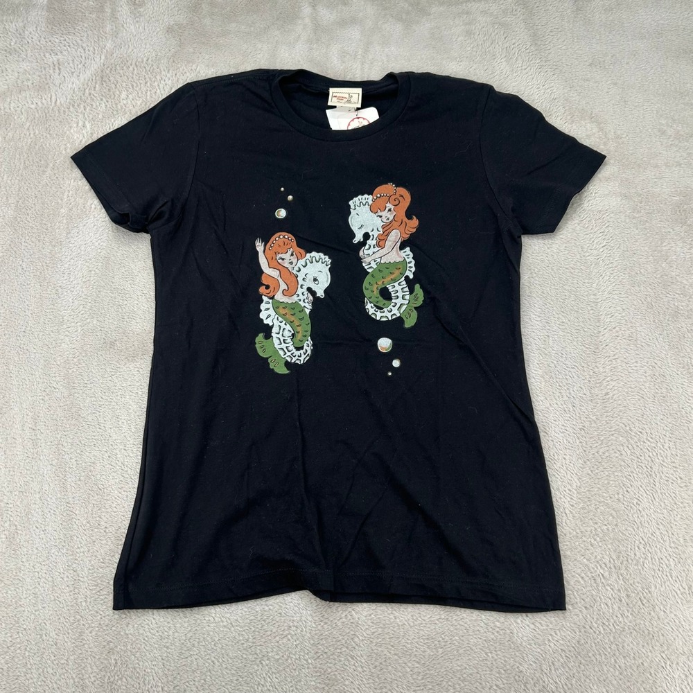 NWT Mischief Made Mermaid Sisters Fitted Shirt Womens Large Black Retro USA